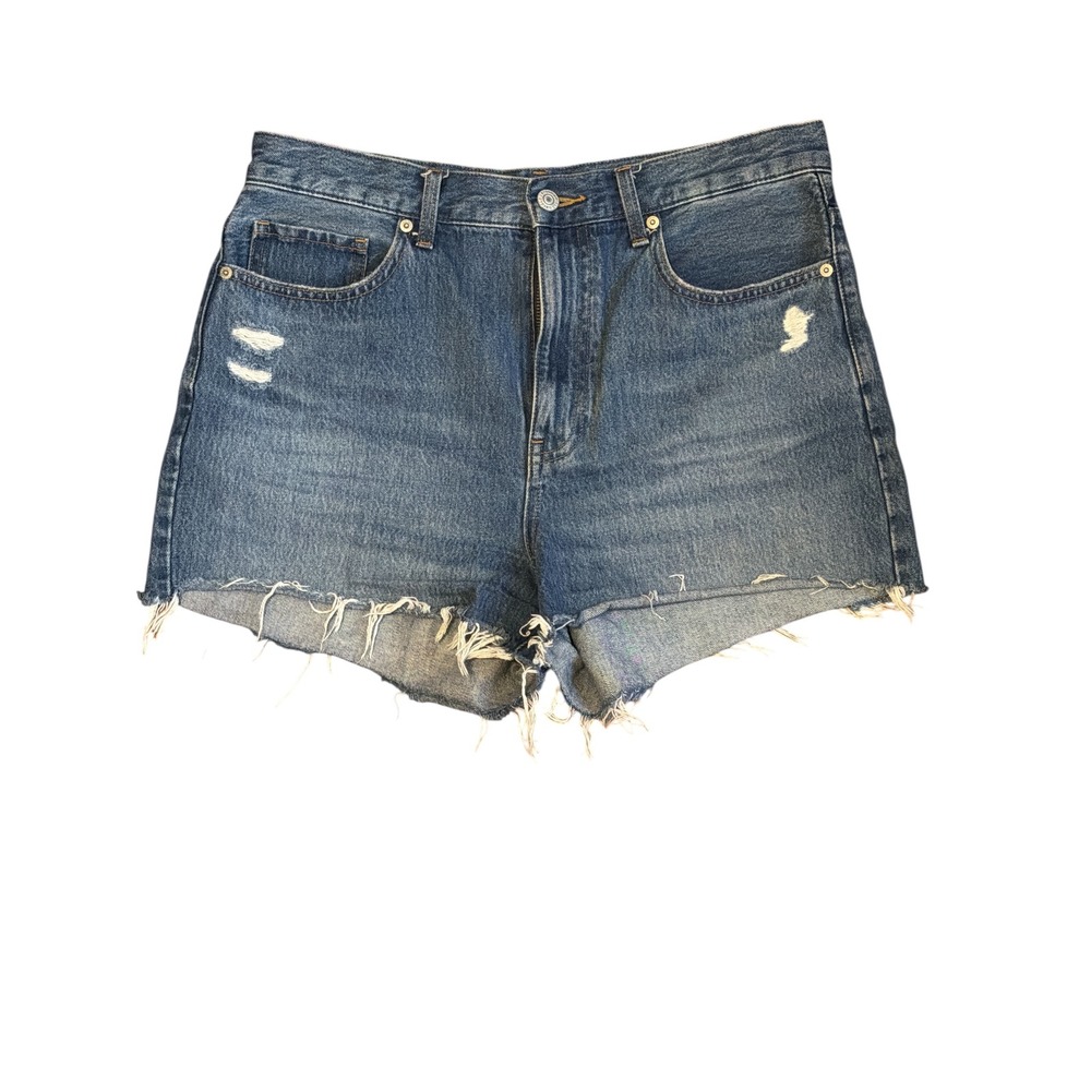 Uniqlo Womens High Rise Distressed Denim Shorts Medium‎ Blue Cut Off Raw Hem